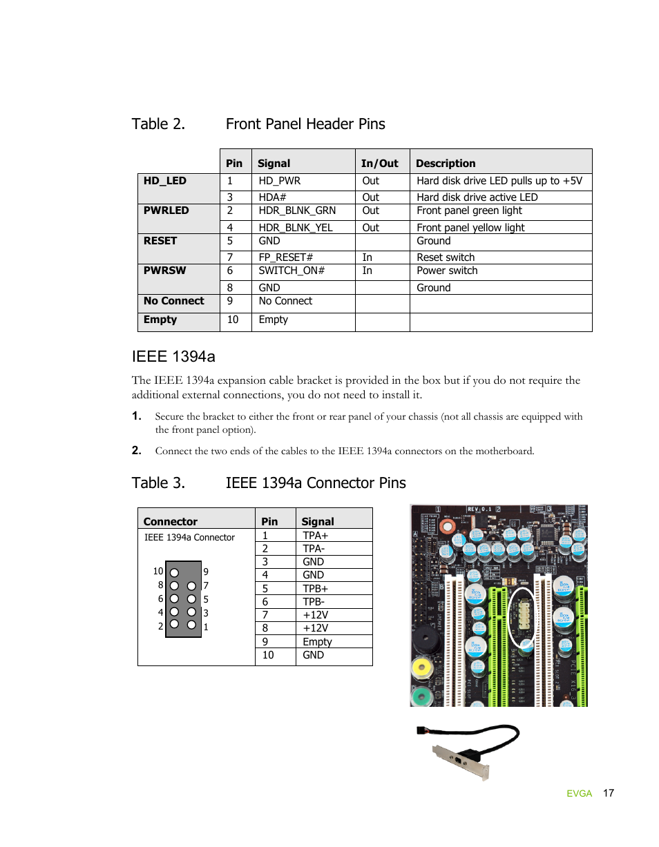 Ieee 1394a, Table 2. front panel header pins | EVGA force 132-YW-E178 User Manual | Page 27 / 85