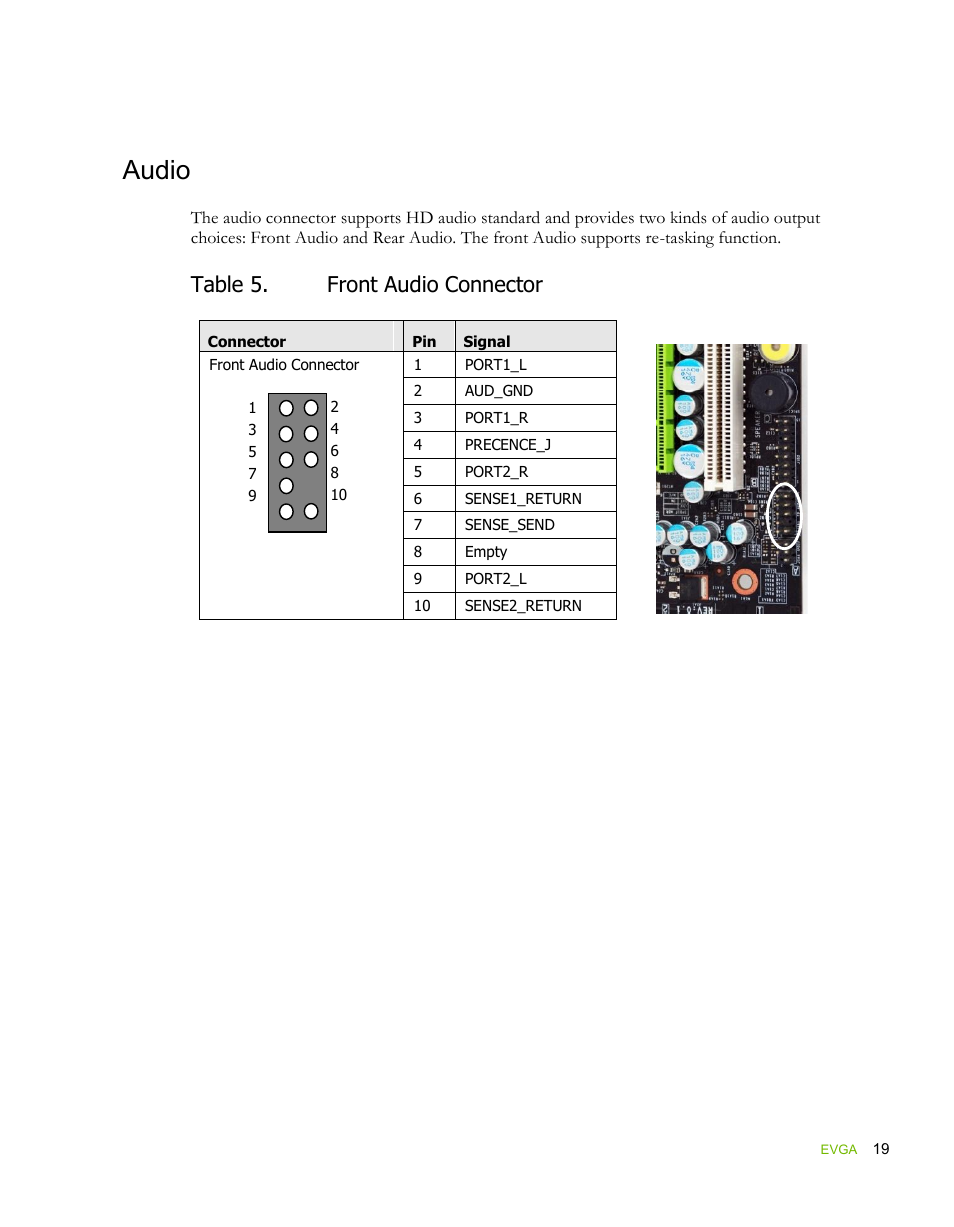 Audio, Table 5. front audio connector | EVGA force 132-YW-E178 User Manual | Page 29 / 85