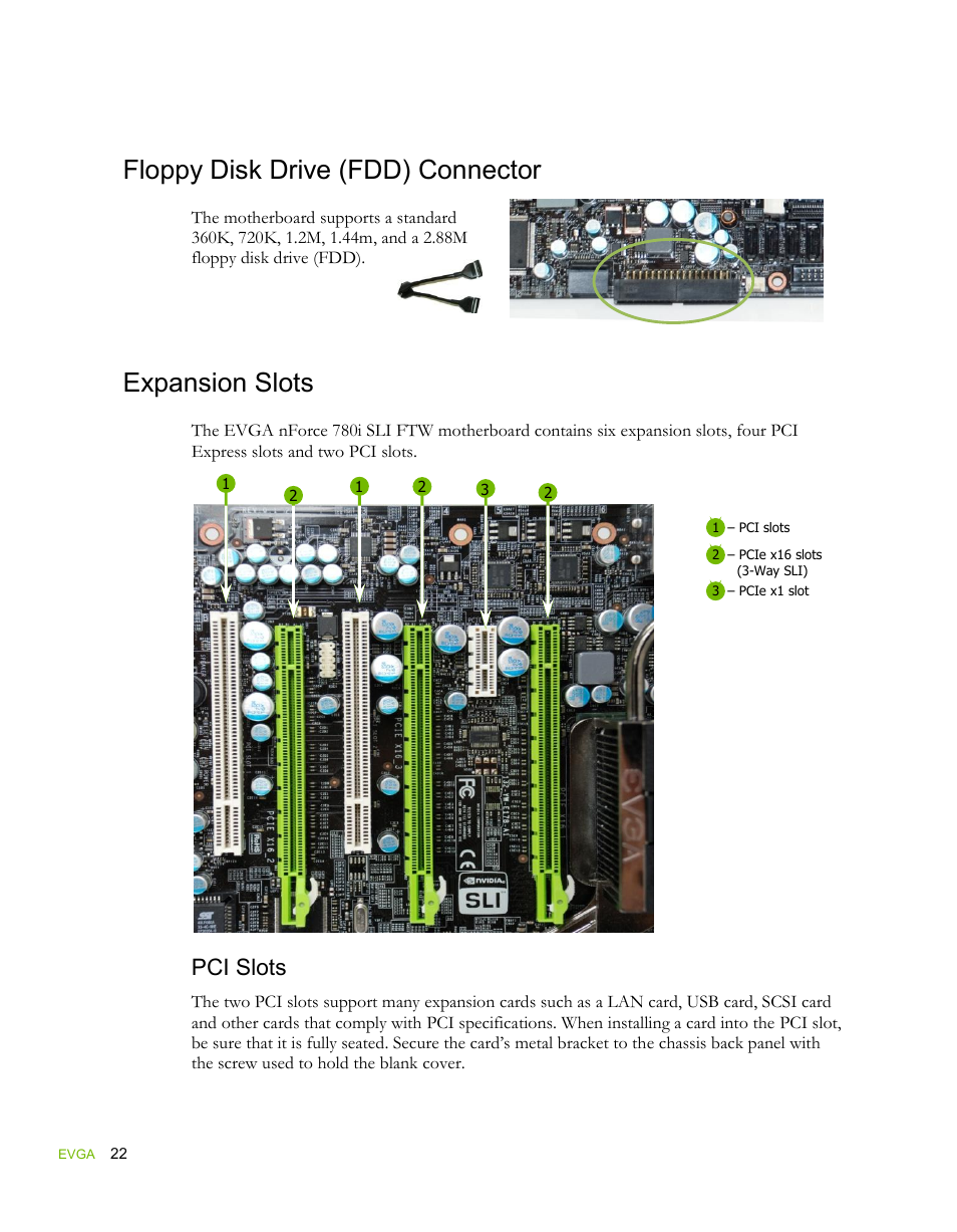 Floppy disk drive (fdd) connector, Expansion slots, Pci slots | EVGA force 132-YW-E178 User Manual | Page 32 / 85