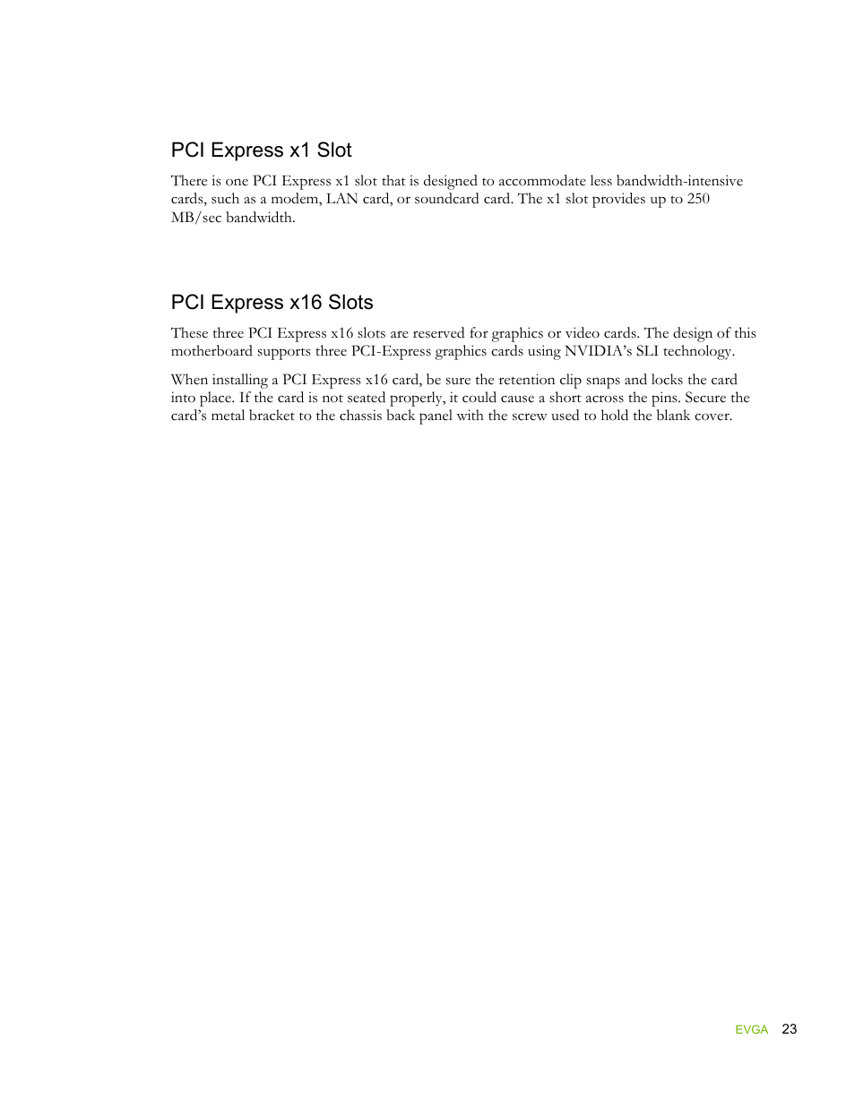 Pci express x1 slot, Pci express x16 slots | EVGA force 132-YW-E178 User Manual | Page 33 / 85