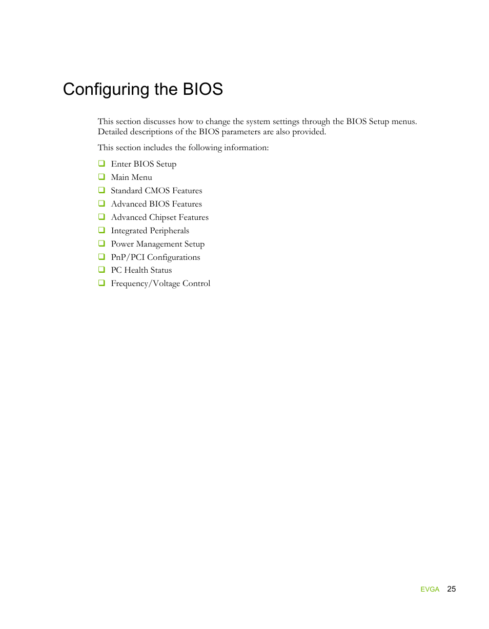 Configuring the bios | EVGA force 132-YW-E178 User Manual | Page 35 / 85