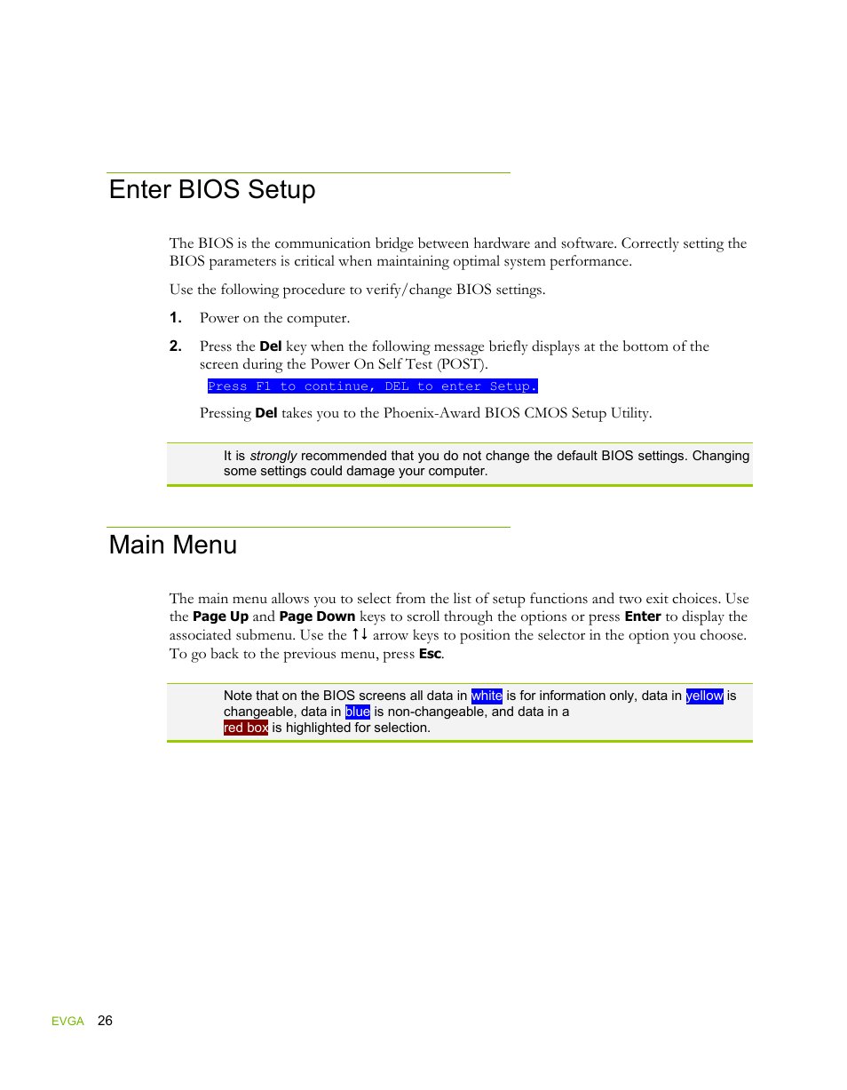 Enter bios setup, Main menu | EVGA force 132-YW-E178 User Manual | Page 36 / 85