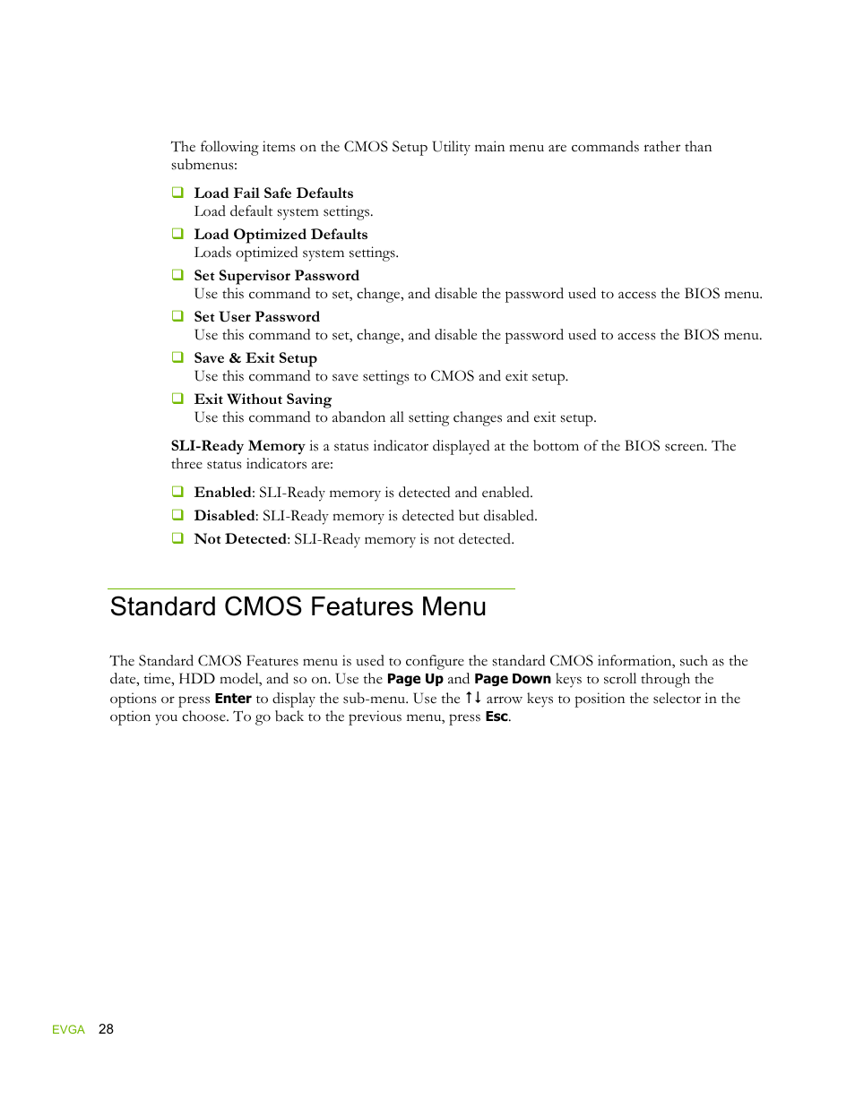 Standard cmos features menu | EVGA force 132-YW-E178 User Manual | Page 38 / 85