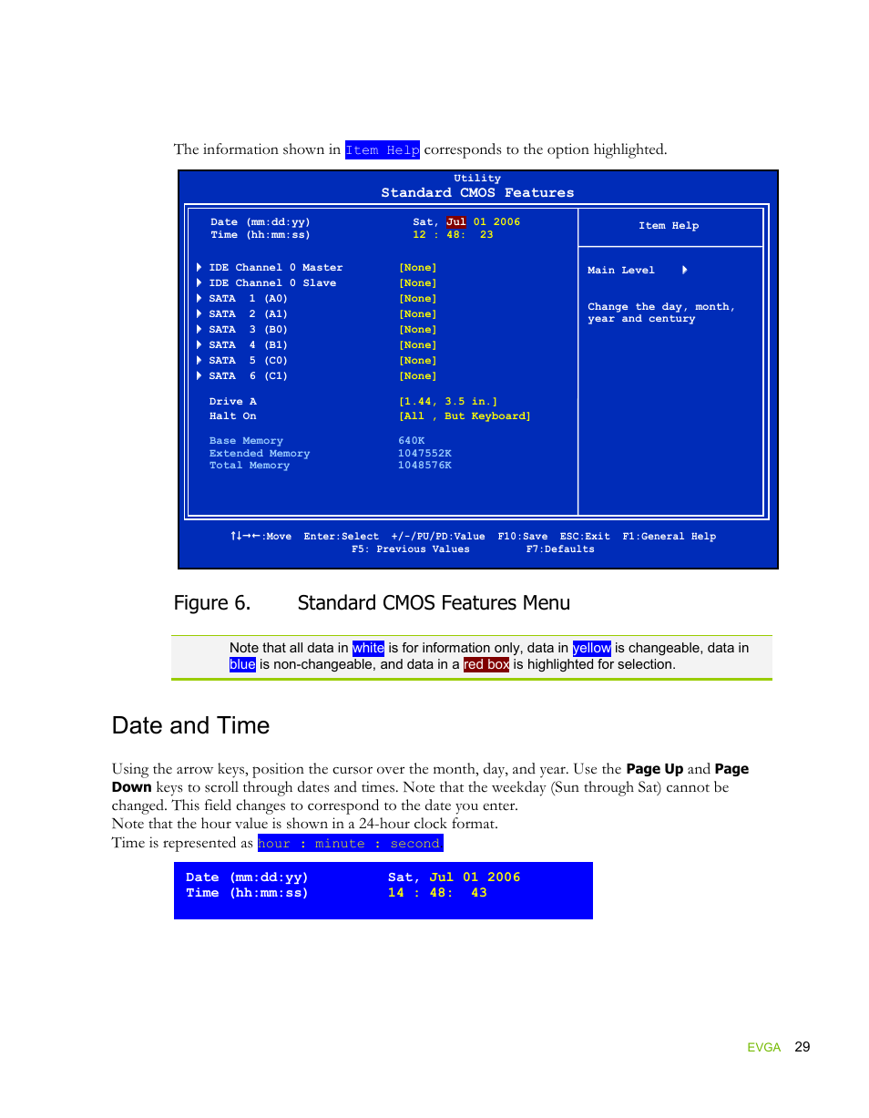 Date and time, Figure 6. standard cmos features menu | EVGA force 132-YW-E178 User Manual | Page 39 / 85