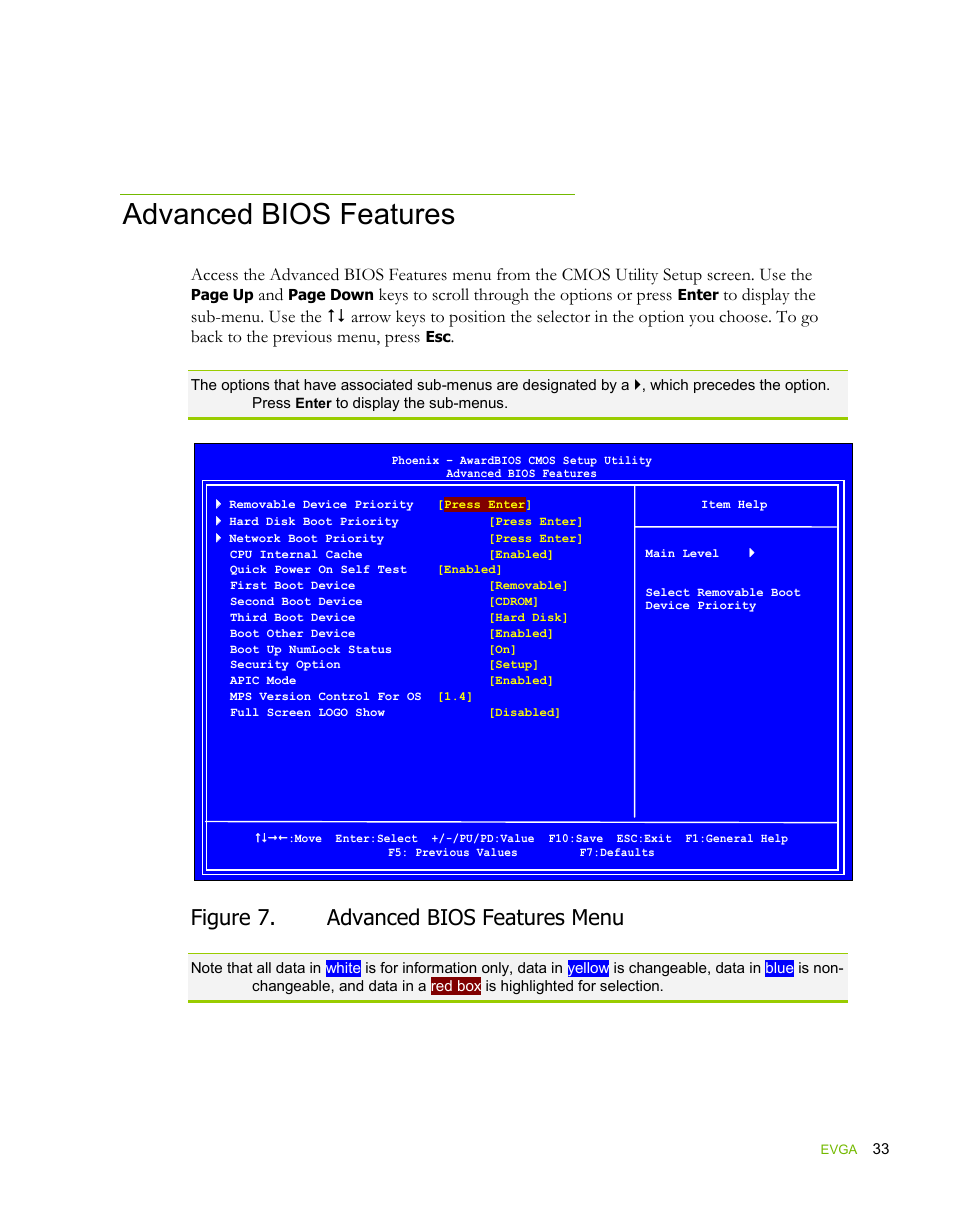 Advanced bios features, Figure 7. advanced bios features menu, Keys to scroll through the options or press | EVGA force 132-YW-E178 User Manual | Page 43 / 85