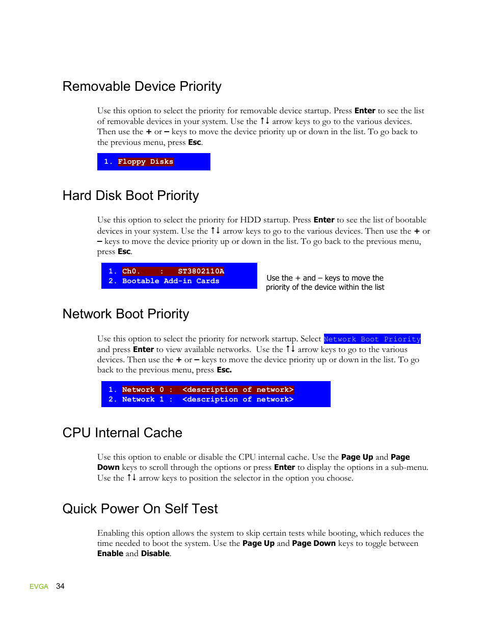 Removable device priority, Hard disk boot priority, Network boot priority | Cpu internal cache, Quick power on self test | EVGA force 132-YW-E178 User Manual | Page 44 / 85