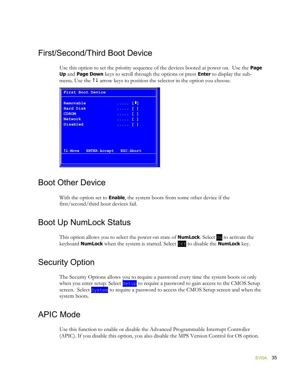 First/second/third boot device, Boot other device, Boot up numlock status | Security option, Apic mode | EVGA force 132-YW-E178 User Manual | Page 45 / 85