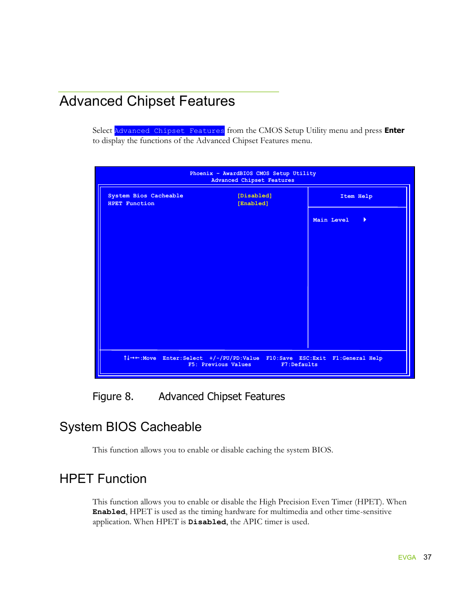 Advanced chipset features, System bios cacheable, Hpet function | Figure 8. advanced chipset features | EVGA force 132-YW-E178 User Manual | Page 47 / 85