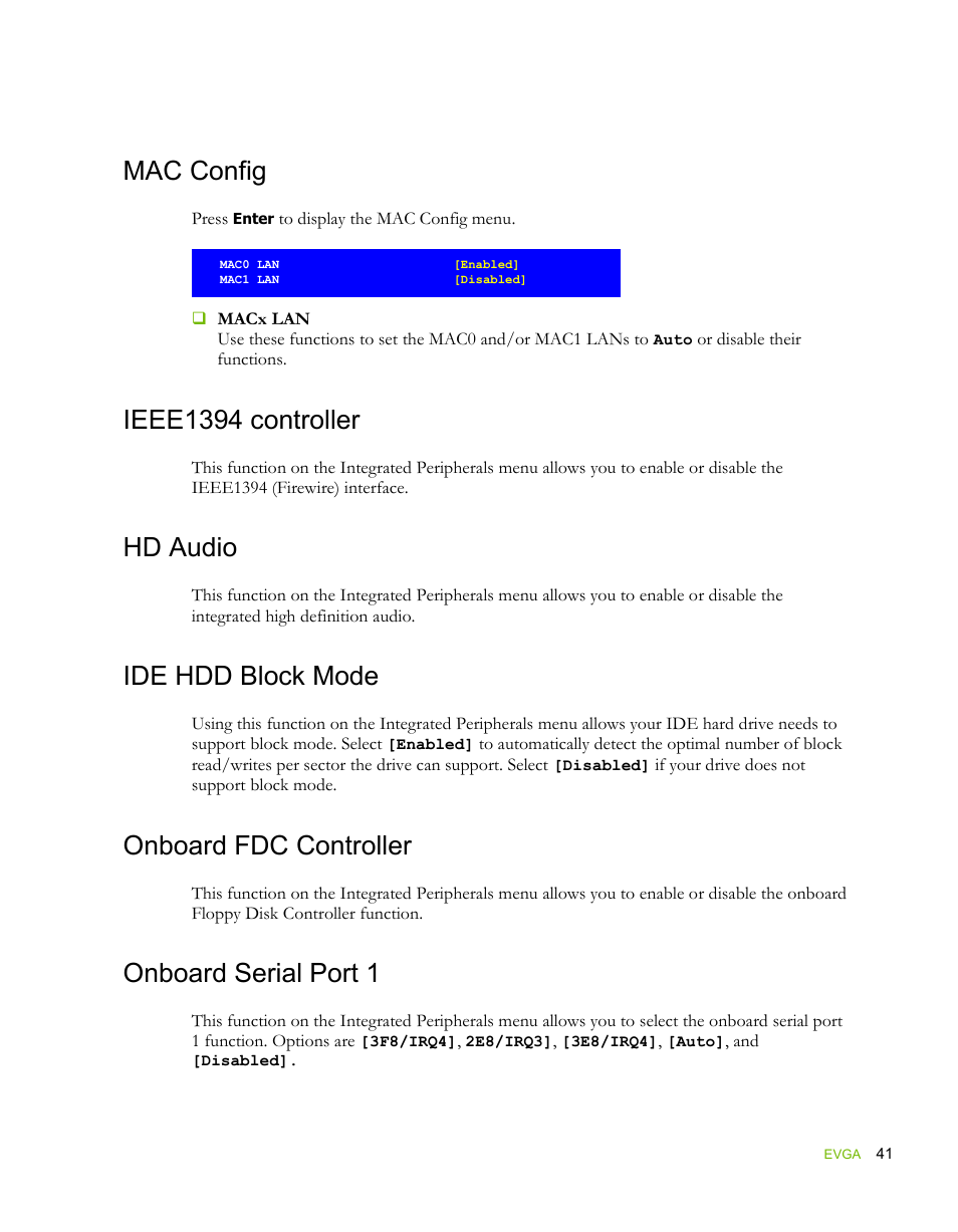 Mac config, Ieee1394 controller, Hd audio | Ide hdd block mode, Onboard fdc controller, Onboard serial port 1 | EVGA force 132-YW-E178 User Manual | Page 51 / 85