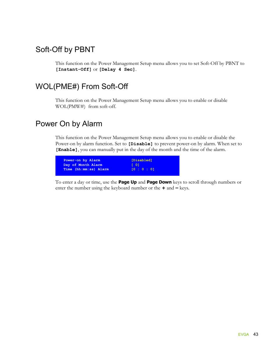 Soft-off by pbnt, Wol(pme#) from soft-off, Power on by alarm | EVGA force 132-YW-E178 User Manual | Page 53 / 85