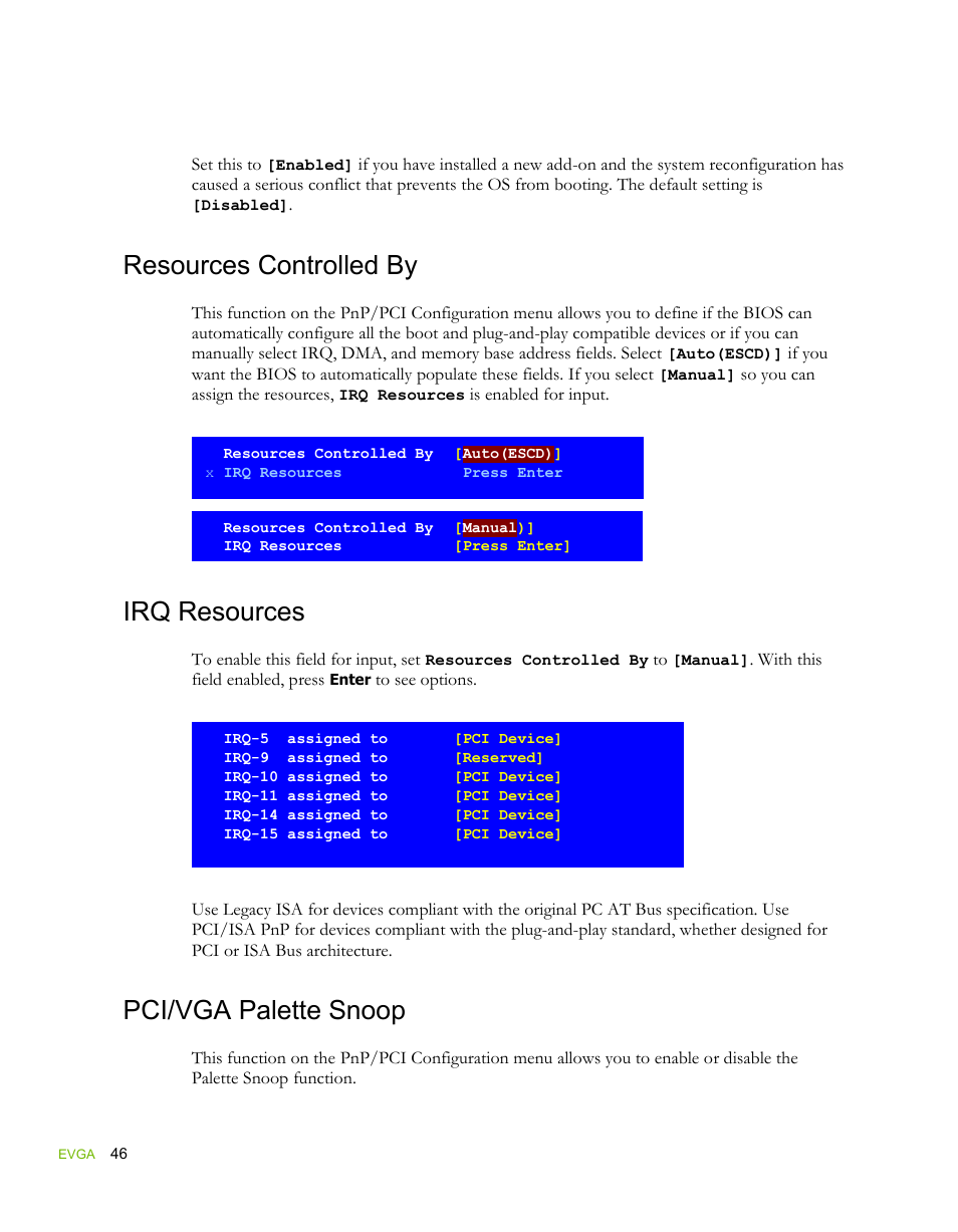 Resources controlled by, Irq resources, Pci/vga palette snoop | EVGA force 132-YW-E178 User Manual | Page 56 / 85