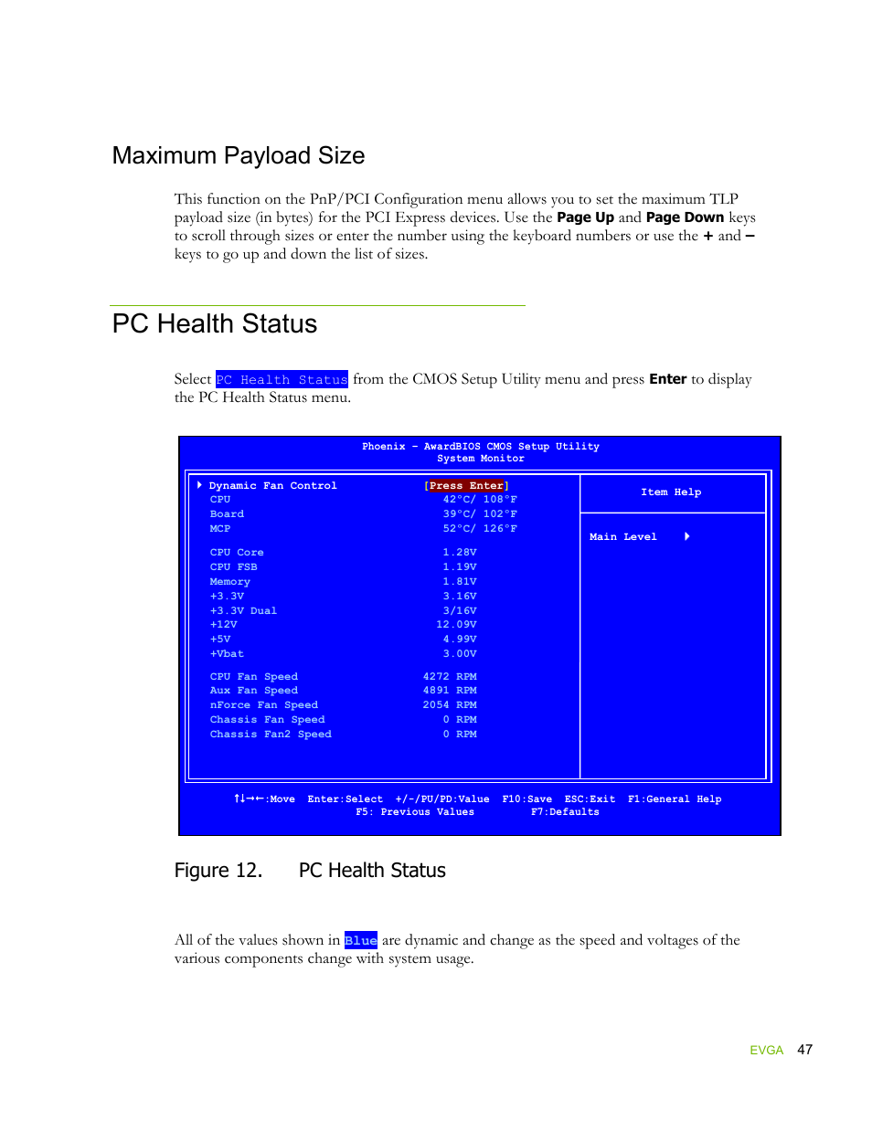 Pc health status, Maximum payload size, Figure 12. pc health status | EVGA force 132-YW-E178 User Manual | Page 57 / 85