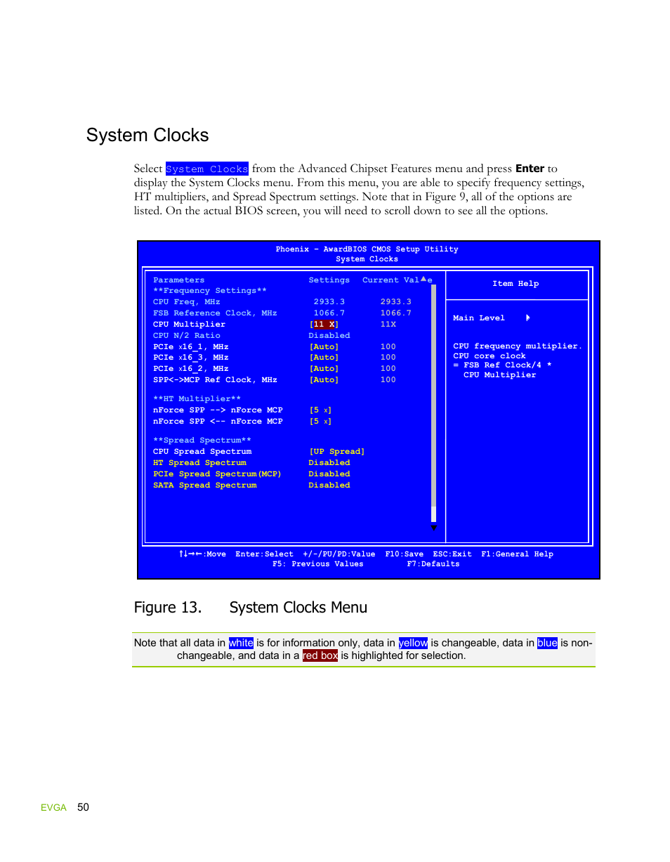 System clocks, Figure 13. system clocks menu, Select | EVGA force 132-YW-E178 User Manual | Page 61 / 85