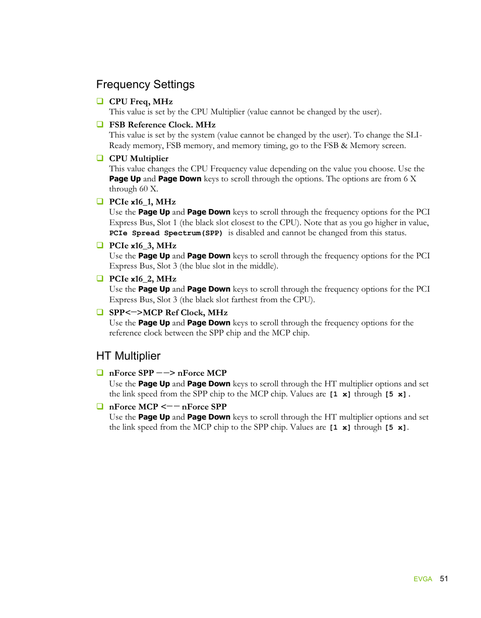 Frequency settings, Ht multiplier | EVGA force 132-YW-E178 User Manual | Page 62 / 85