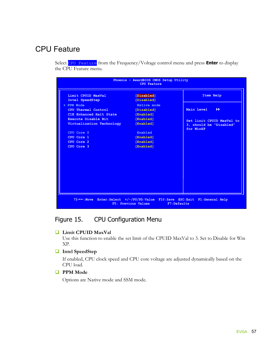 Cpu feature, Figure 15. cpu configuration menu, Select | EVGA force 132-YW-E178 User Manual | Page 68 / 85