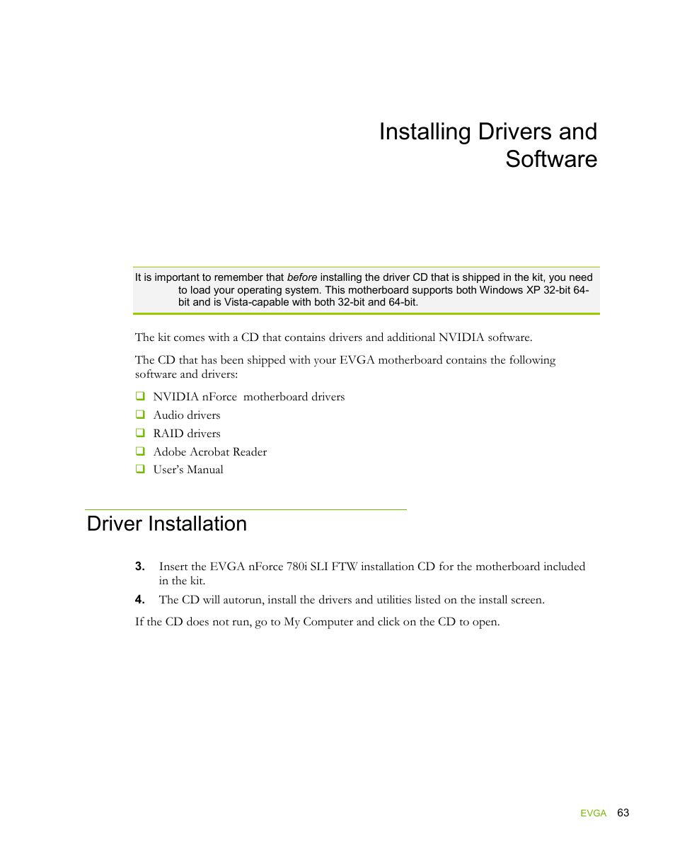 Installing drivers and software, Driver installation | EVGA force 132-YW-E178 User Manual | Page 74 / 85