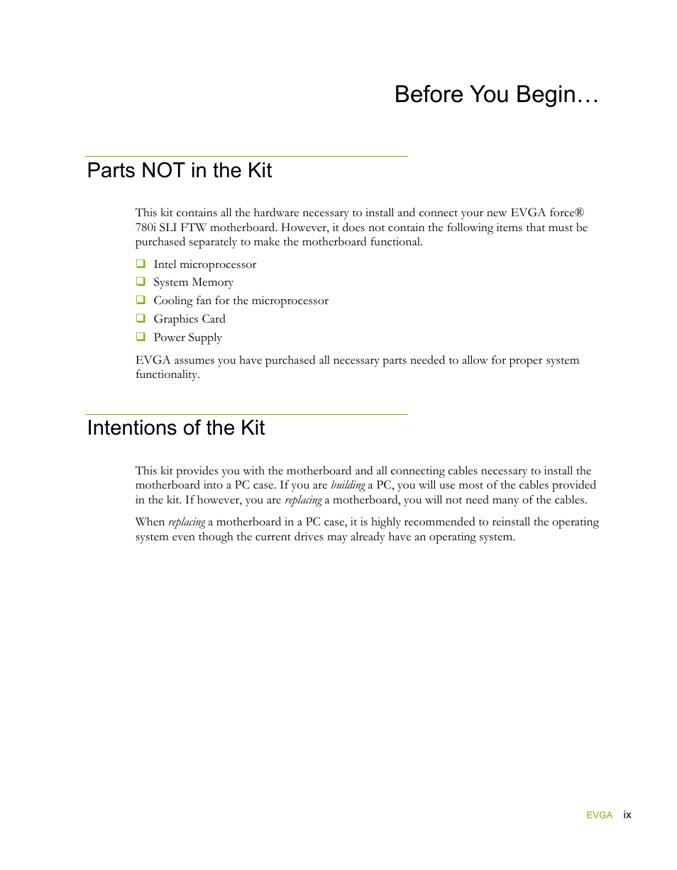 Before you begin, Parts not in the kit, Intentions of the kit | EVGA force 132-YW-E178 User Manual | Page 9 / 85