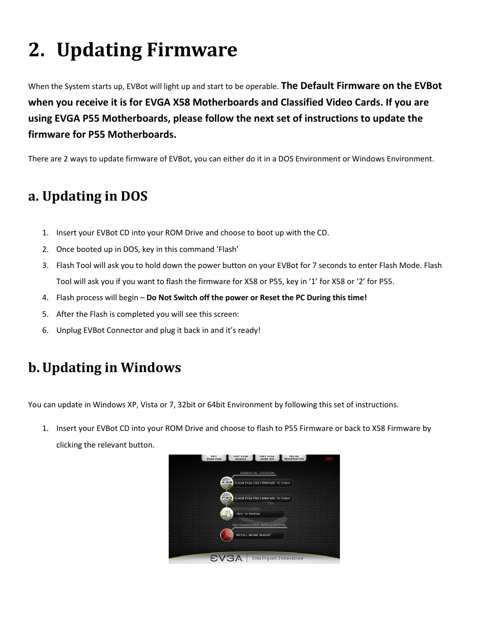 Updating firmware, Updating in dos, Updating in windows | A. updating in dos, B. updating in windows | EVGA 100-EV-EB01 User Manual | Page 10 / 21