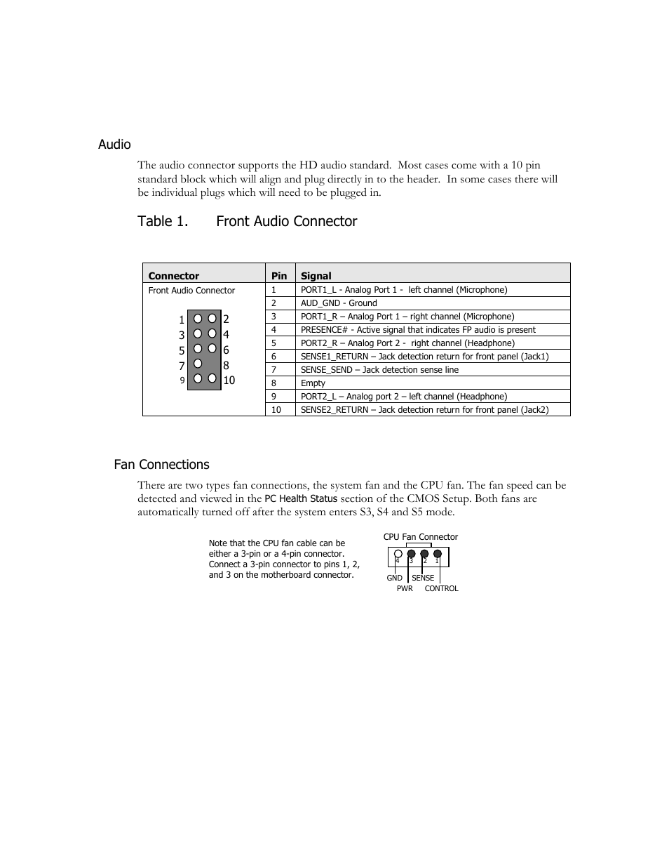 Table 1. front audio connector, Audio, Fan connections | EVGA nForce 630i User Manual | Page 10 / 11