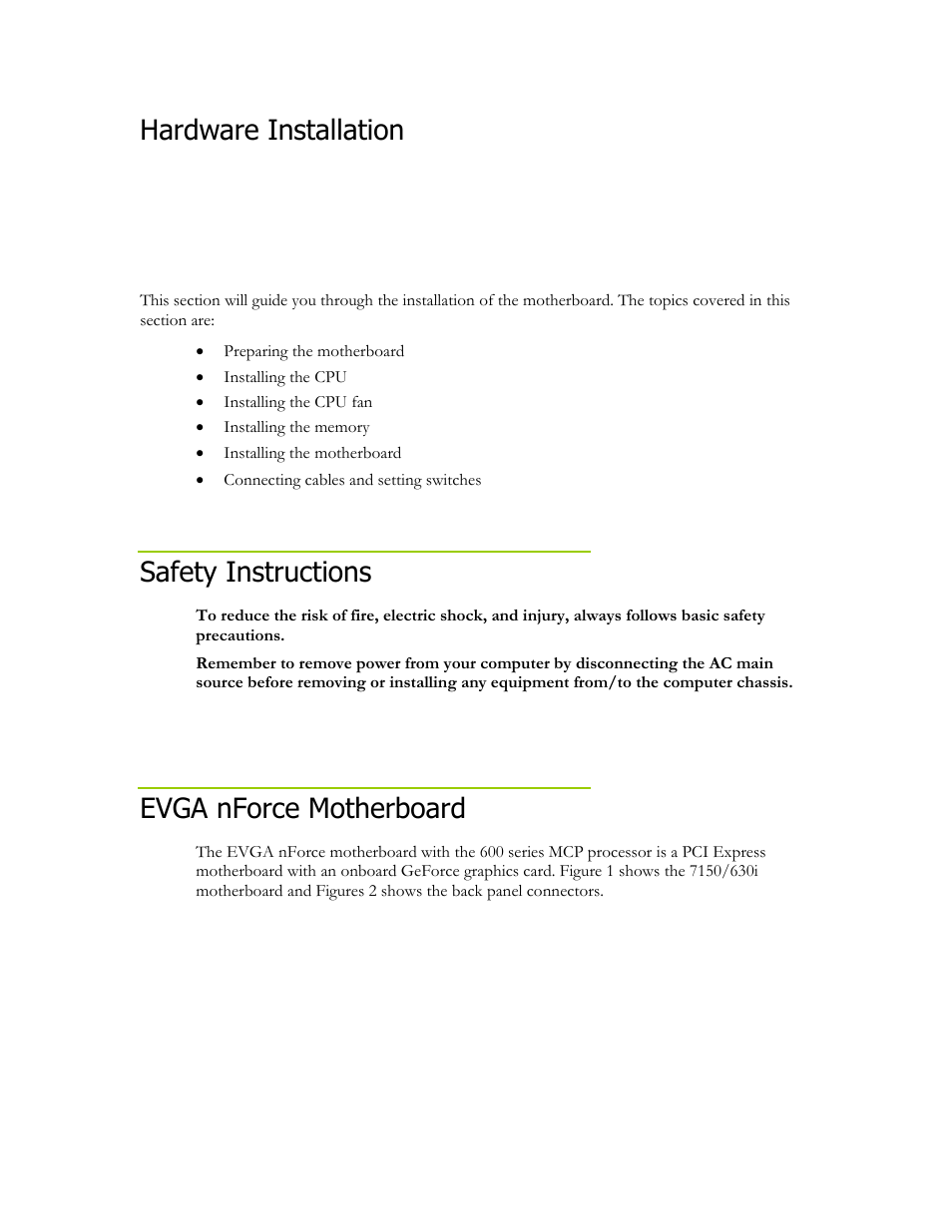 Hardware installation, Safety instructions, Evga nforce motherboard | EVGA nForce 630i User Manual | Page 3 / 11