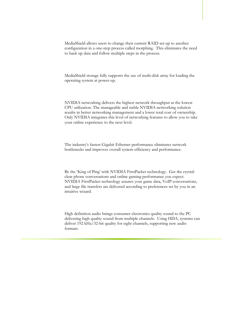 Raid morphing, Bootable multidisk array, Networking with nvidia nforce | Nvidia native gigabit ethernet, Nvidia firstpacket™ technology, High definition audio (hda) | EVGA NFORCE 650I User Manual | Page 14 / 75