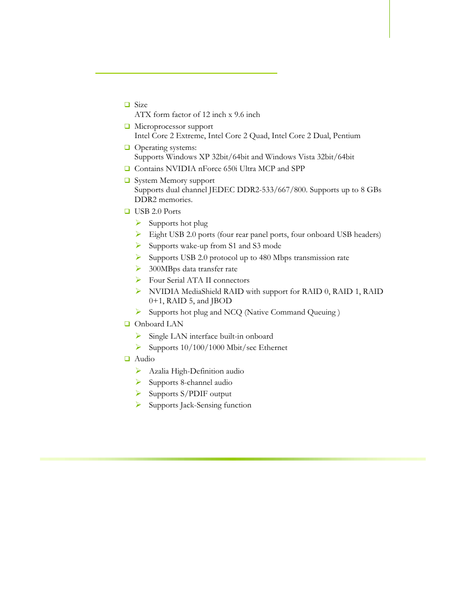 Motherboard specifications | EVGA NFORCE 650I User Manual | Page 16 / 75