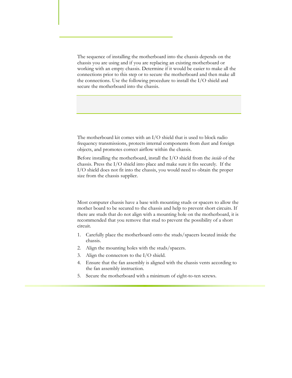 Installing the motherboard, Installing the i/o shield, Securing the motherboard into the chassis | EVGA NFORCE 650I User Manual | Page 25 / 75