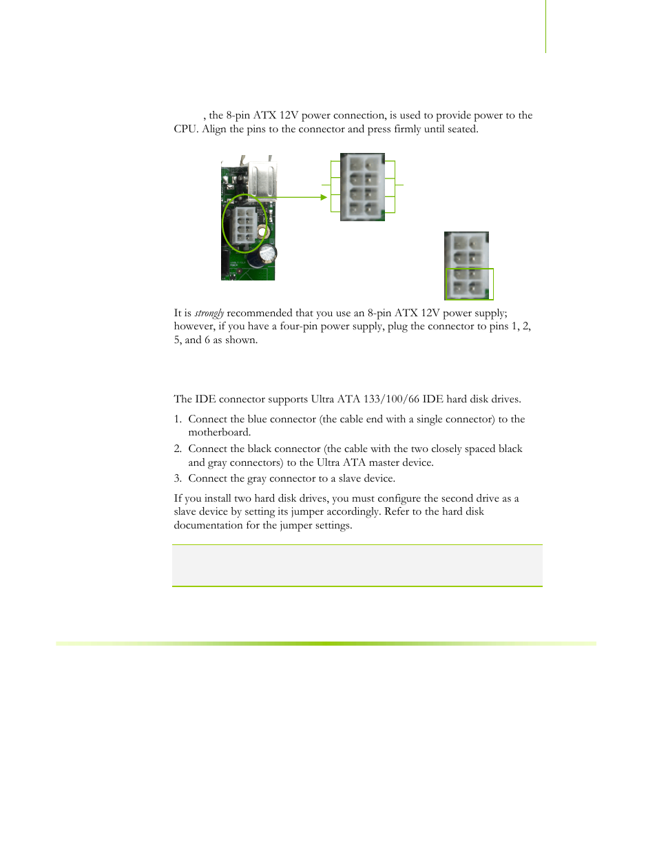 Connecting ide hard disk drives, Pin atx 12v power | EVGA NFORCE 650I User Manual | Page 28 / 75