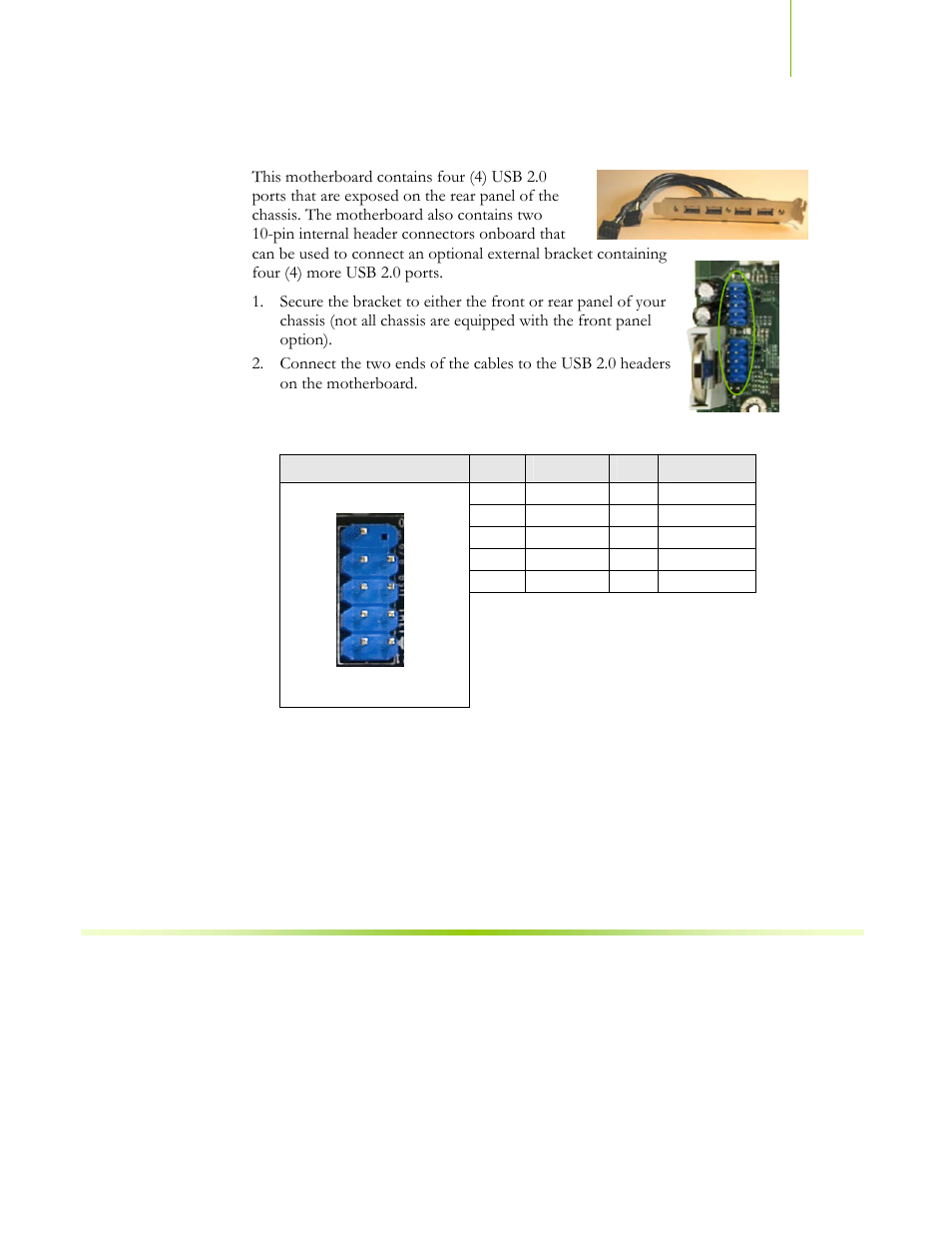 Usb headers, Table 3. usb 2.0 header pins | EVGA NFORCE 650I User Manual | Page 32 / 75