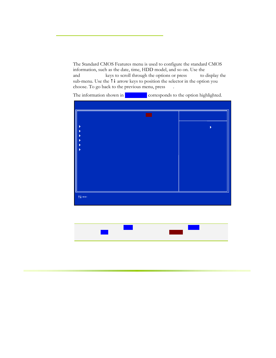 Standard cmos features menu, Figure 6. standard cmos features menu, Keys to scroll through the options or press | The information shown in, Corresponds to the option highlighted | EVGA NFORCE 650I User Manual | Page 41 / 75