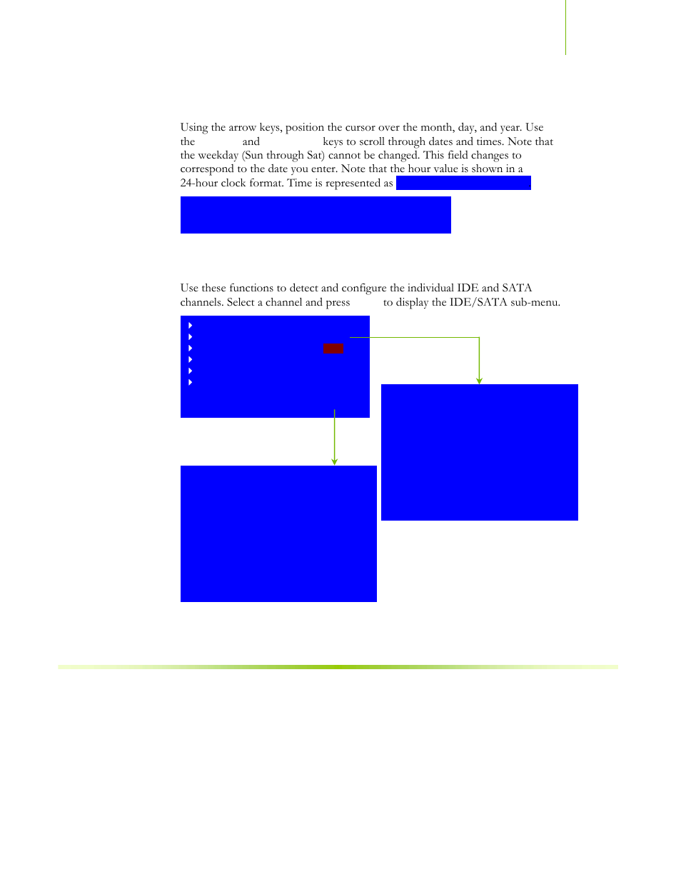 Date and time, Ide channel and sata channel | EVGA NFORCE 650I User Manual | Page 42 / 75