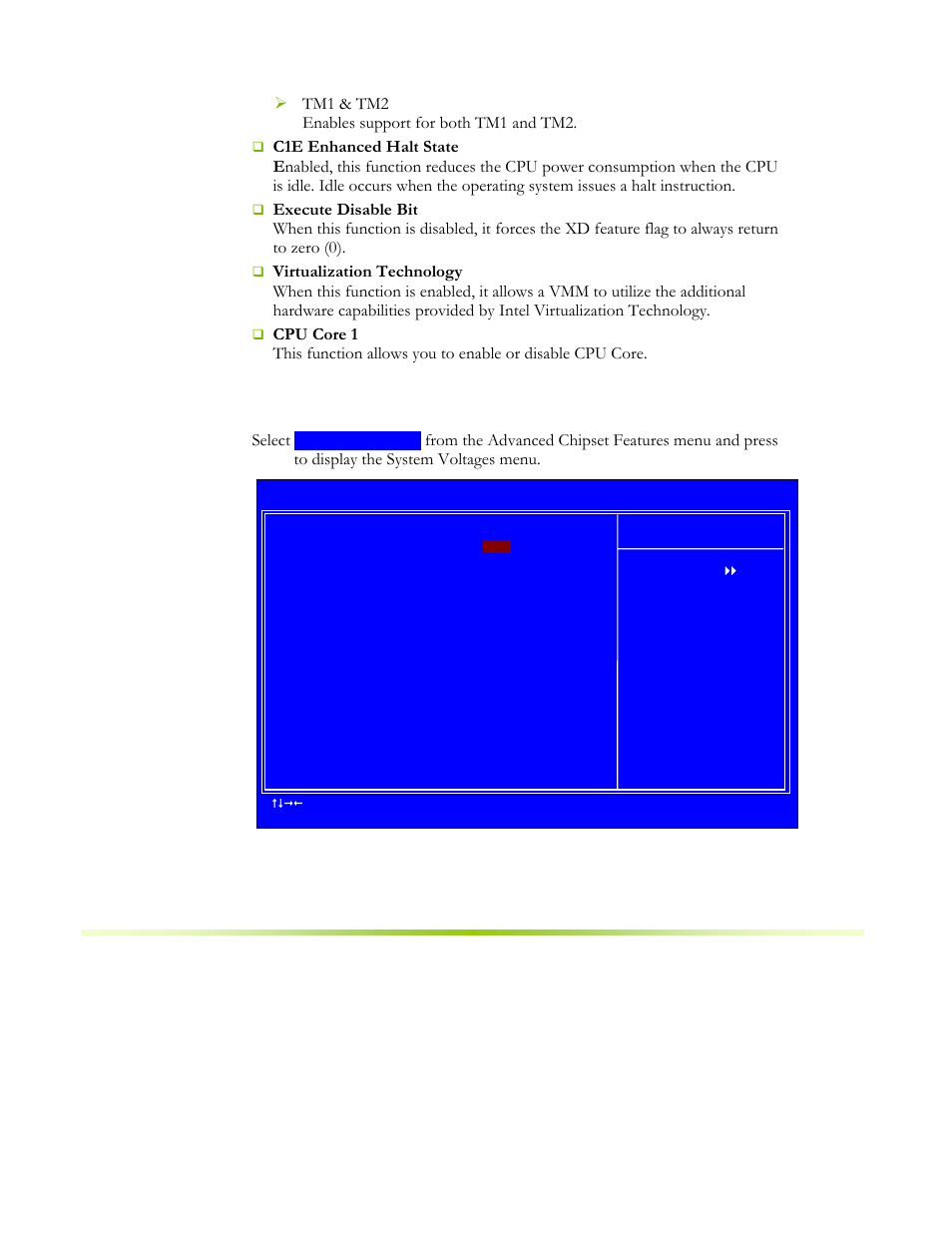 System voltages, Figure 12. system voltages menu, Tm1 & tm2 enables support for both tm1 and tm2 | Select | EVGA NFORCE 650I User Manual | Page 59 / 75