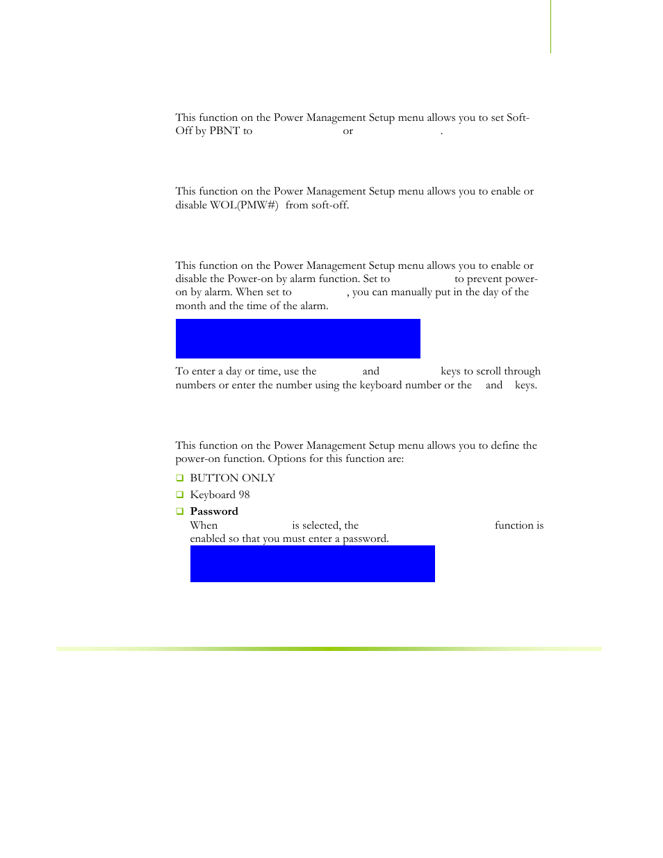 Soft-off by pbnt, Wol(pme#) from soft-off, Power on by alarm | Power on function | EVGA NFORCE 650I User Manual | Page 68 / 75