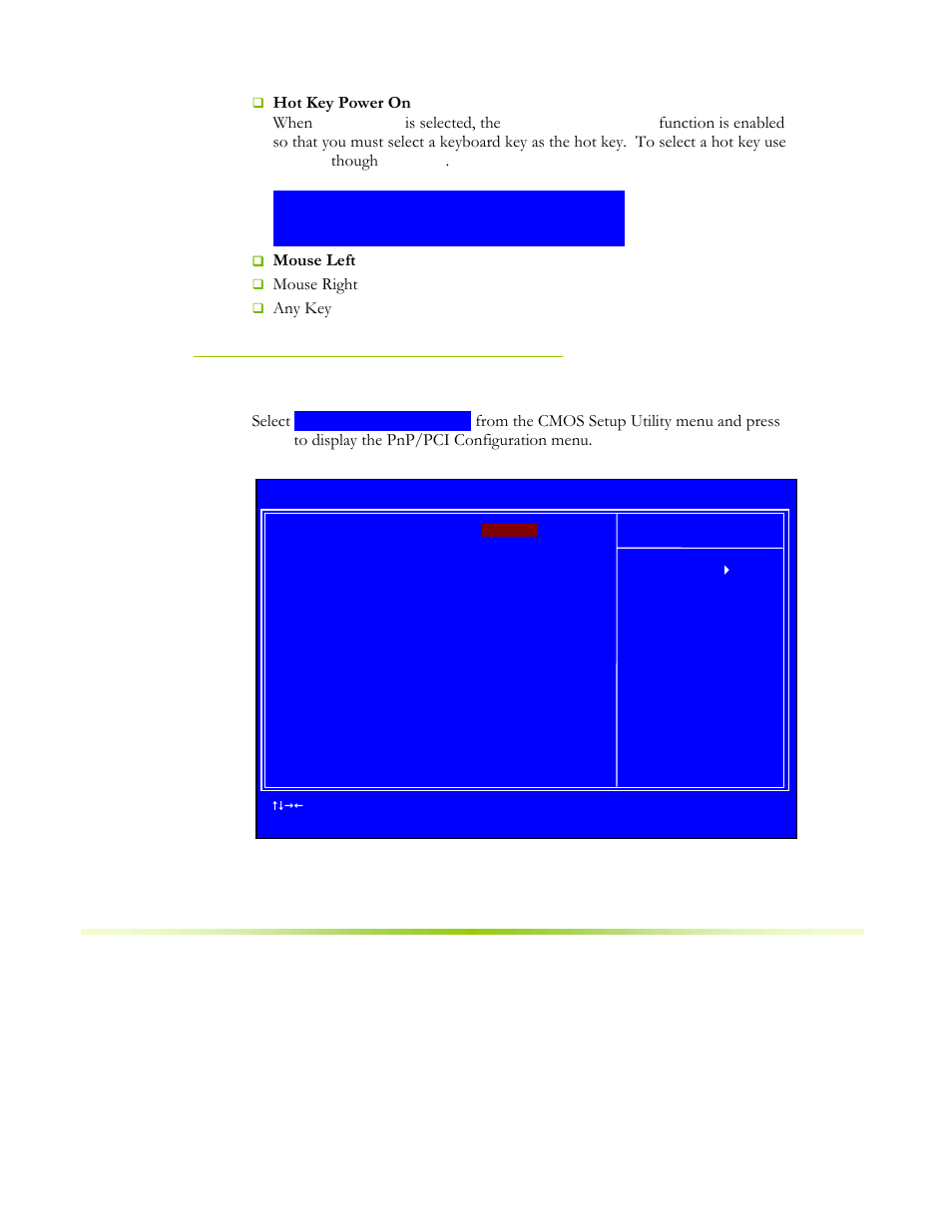 Pnp/pci configuration menu, Figure 15. pnp/pci configuration menu, Hot key power on when | Is selected, the, Though, Mouse left, Mouse right, Any key, Select | EVGA NFORCE 650I User Manual | Page 69 / 75