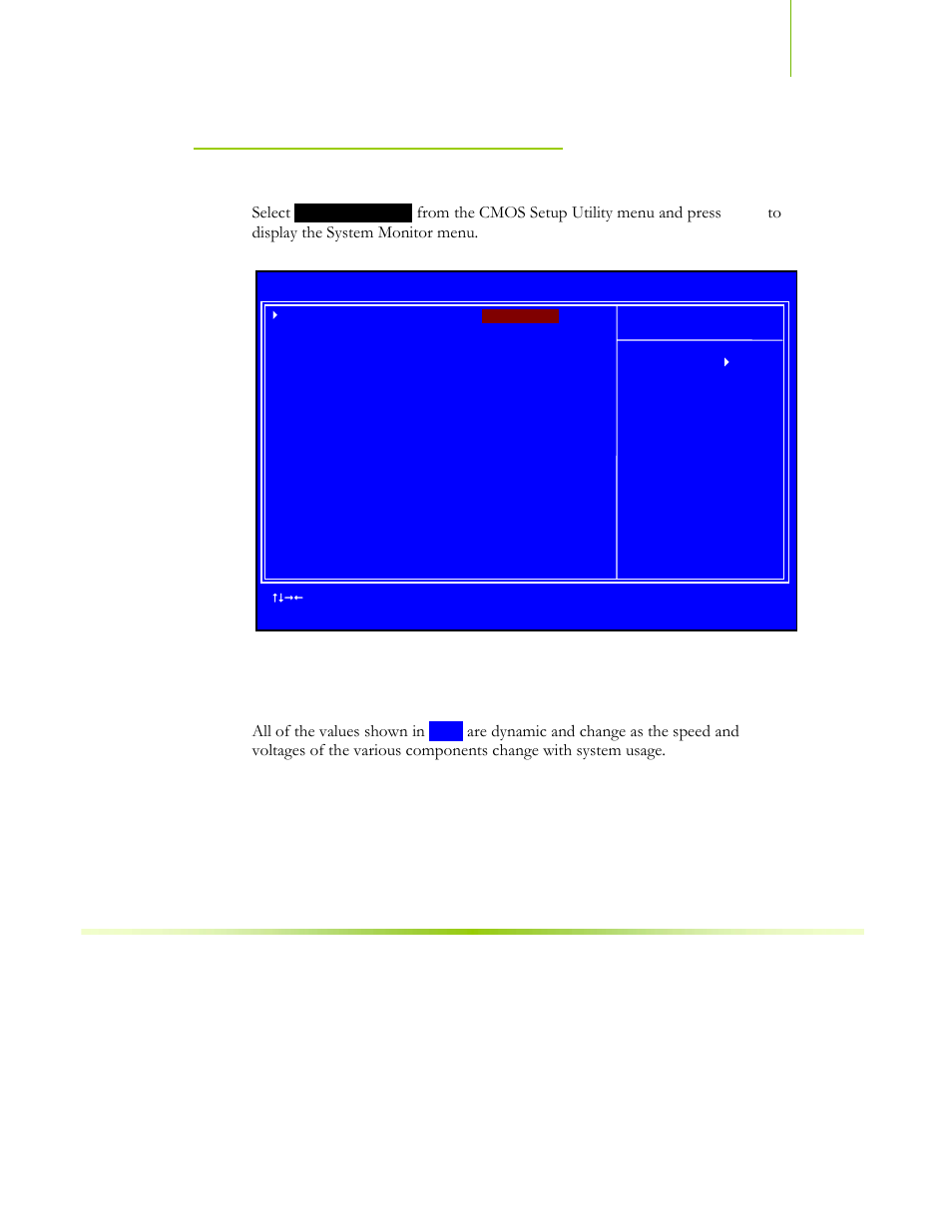 System monitor menu, Figure 16. system monitor menu, Select | All of the values shown in | EVGA NFORCE 650I User Manual | Page 72 / 75