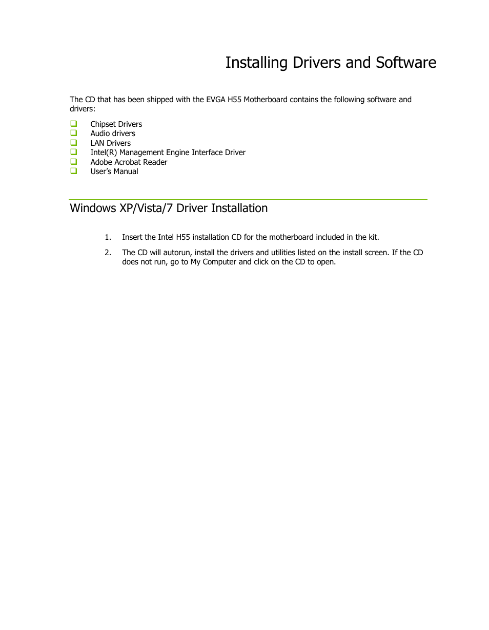 Installing drivers and software, Windows xp/vista/7 driver installation | EVGA H55V User Manual | Page 10 / 10