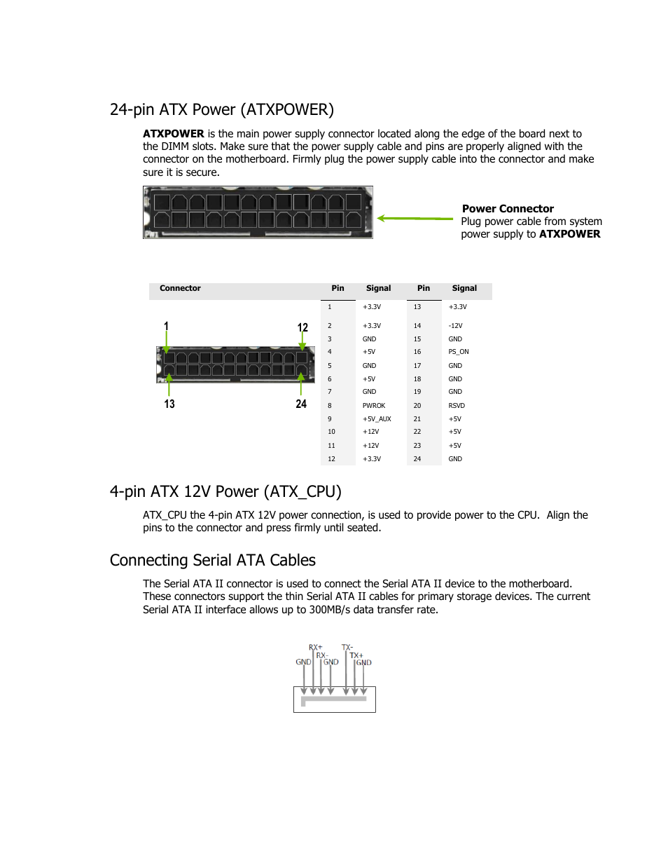 Pin atx power (atxpower), Pin atx 12v power (atx_cpu), Connecting serial ata cables | EVGA H55V User Manual | Page 7 / 10