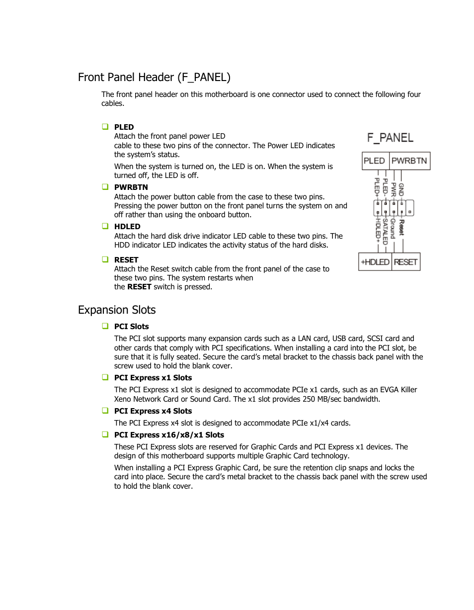 Front panel header (f_panel), Expansion slots | EVGA H55V User Manual | Page 8 / 10