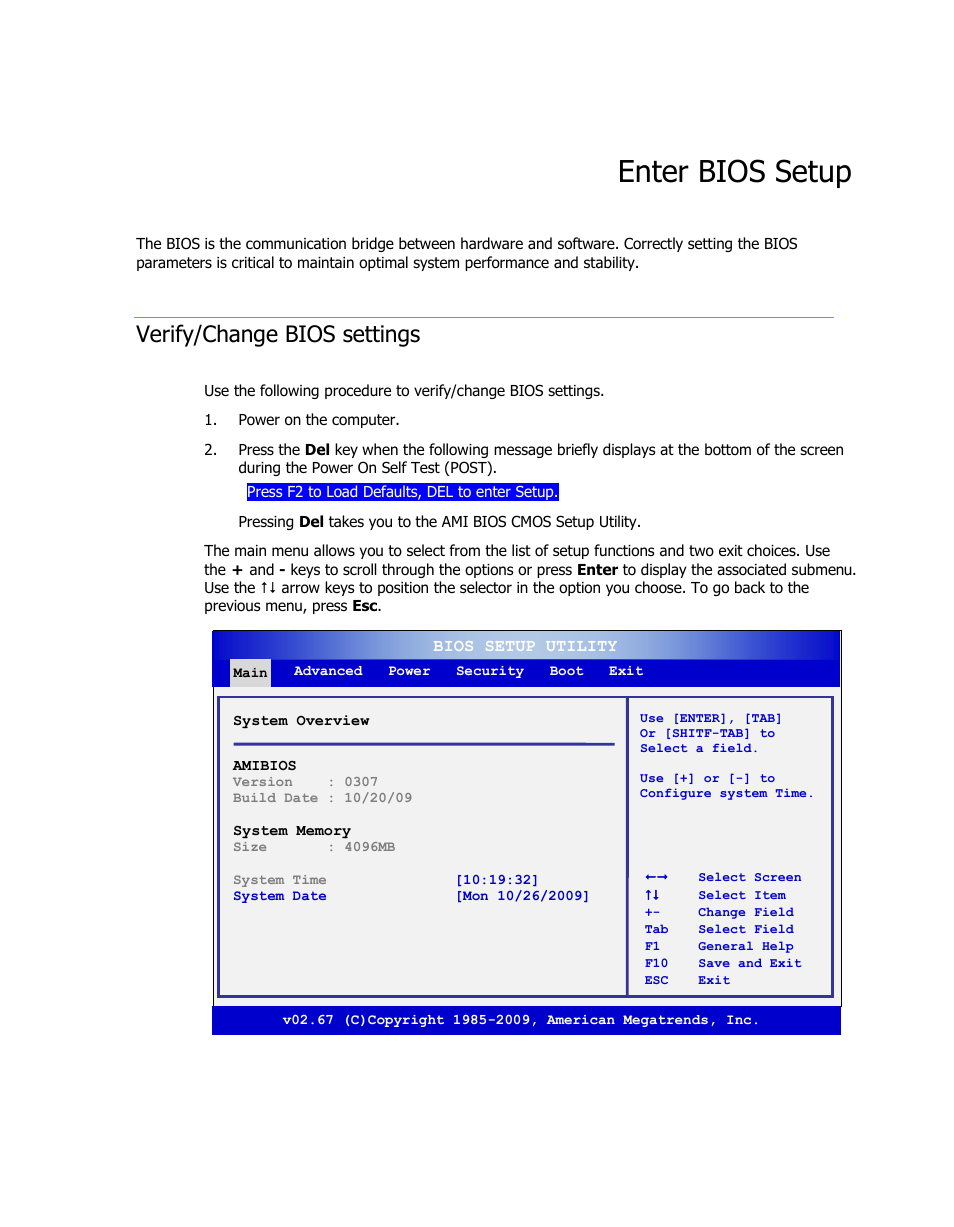 Enter bios setup, Verify/change bios settings | EVGA H55V User Manual | Page 9 / 10