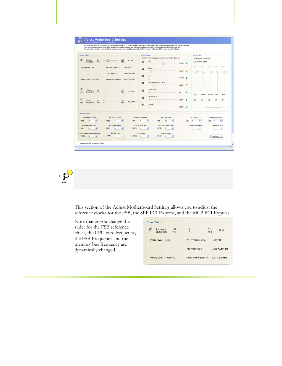 Figure 19. adjust motherboard settings (ntune), System clocks | EVGA nForce 122-CK-NF68-XX User Manual | Page 124 / 170