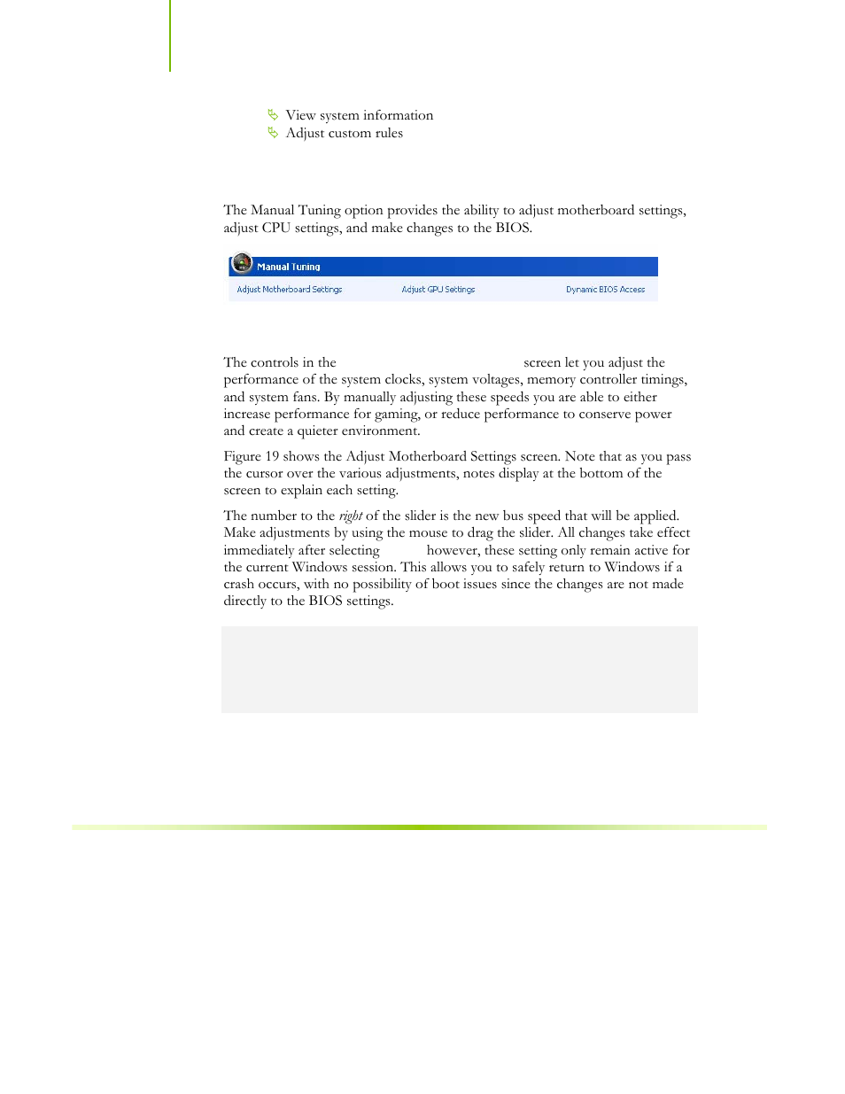 Manual tuning, Adjust motherboard settings | EVGA nForce 122-CK-NF68-XX User Manual | Page 17 / 170