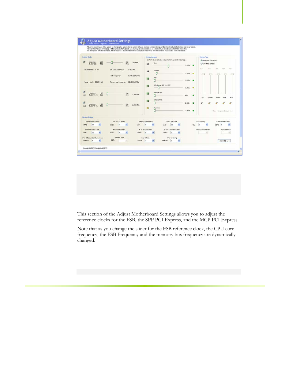 System voltages, Figure 19. adjust motherboard settings (ntune), System clocks | EVGA nForce 122-CK-NF68-XX User Manual | Page 18 / 170