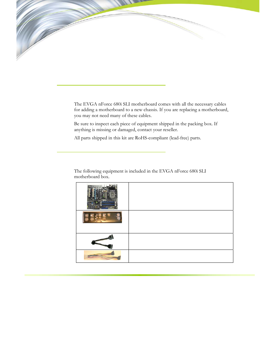 Unpacking and parts descriptions, Unpacking, Equipment | EVGA nForce 122-CK-NF68-XX User Manual | Page 60 / 170