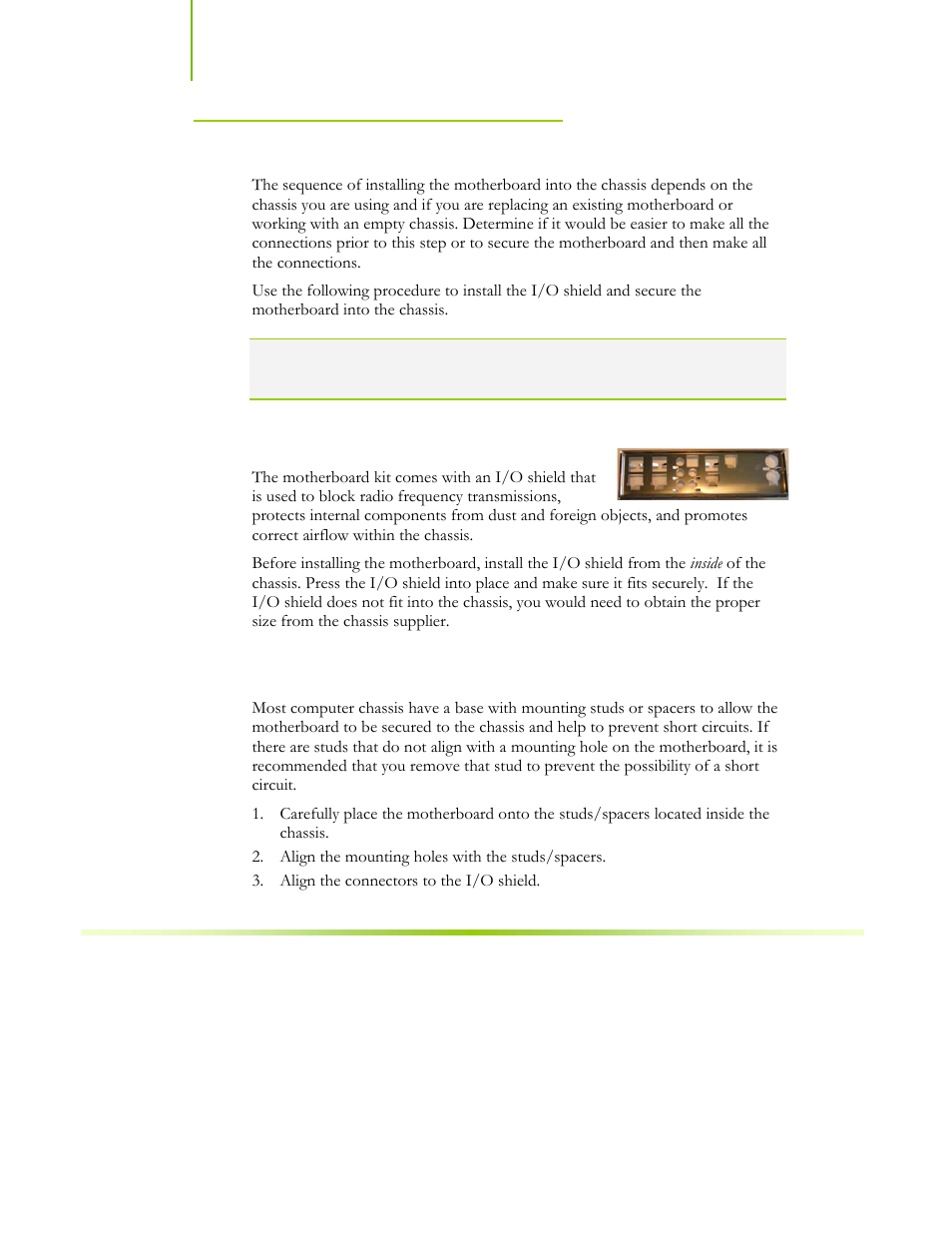 Installing the motherboard, Installing the i/o shield, Securing the motherboard into the chassis | EVGA nForce 122-CK-NF68-XX User Manual | Page 67 / 170