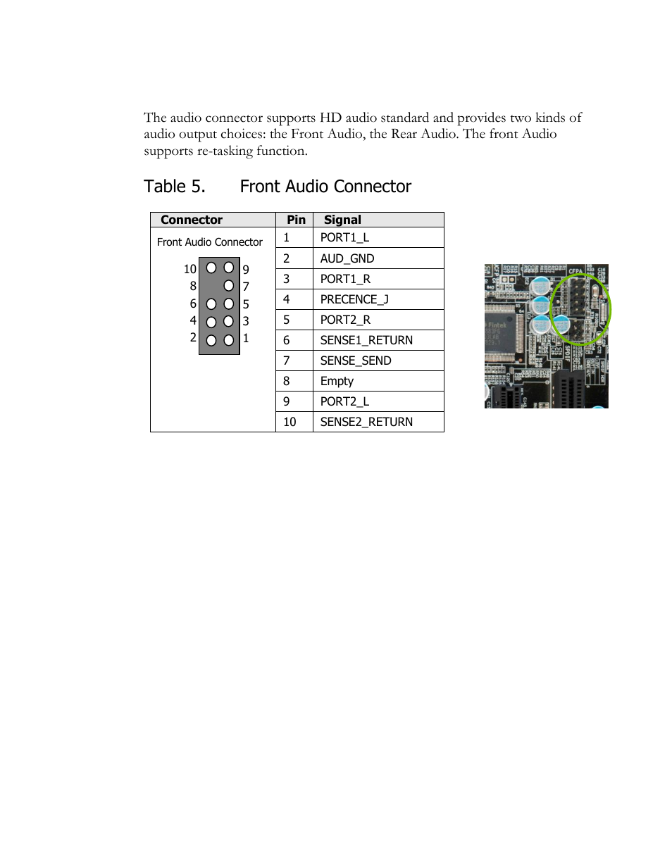 Audio, Table 5. front audio connector | EVGA P55 SLI User Manual | Page 21 / 46