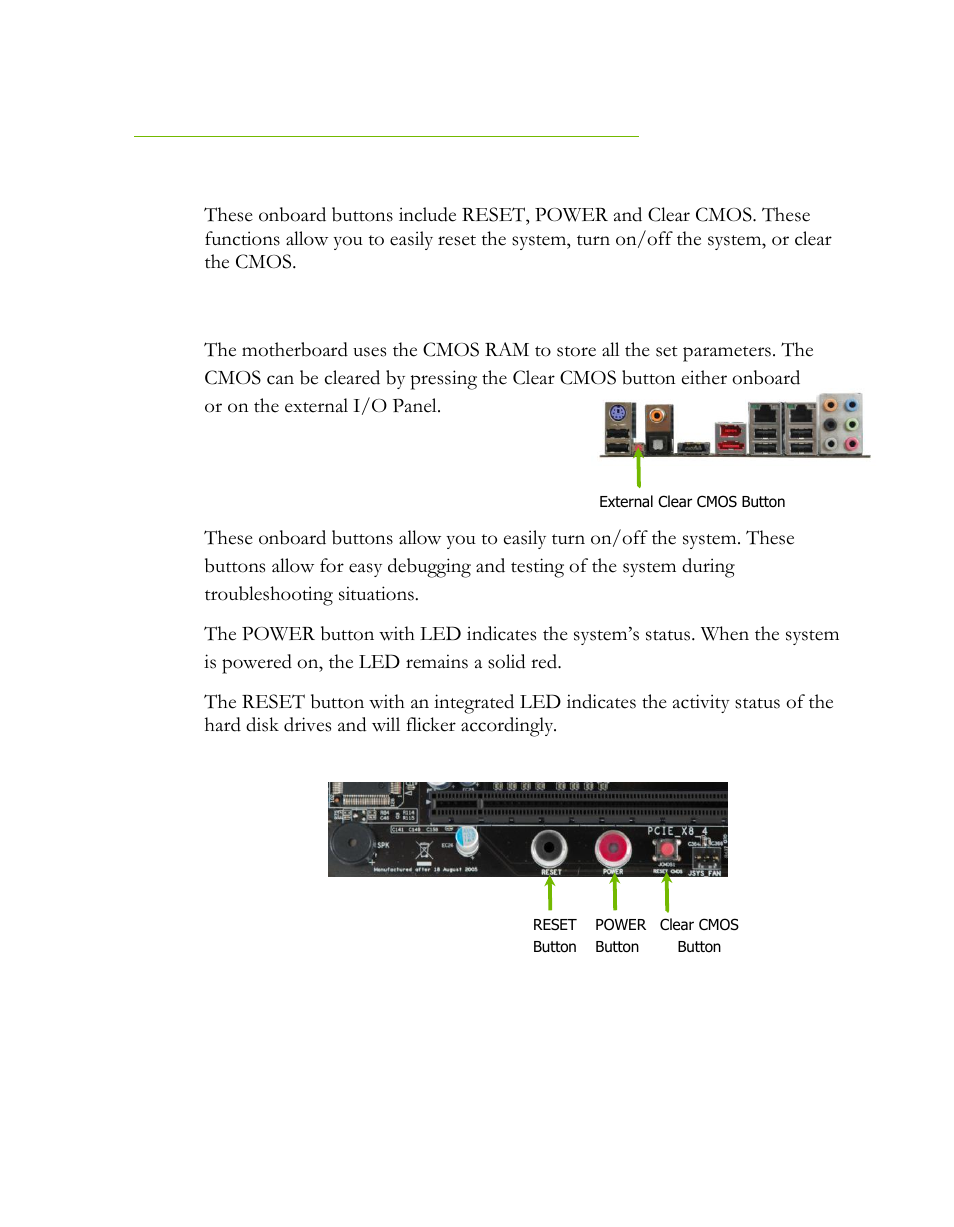 Onboard buttons, Clear cmos button, Reset and power button | EVGA P55 SLI User Manual | Page 23 / 46