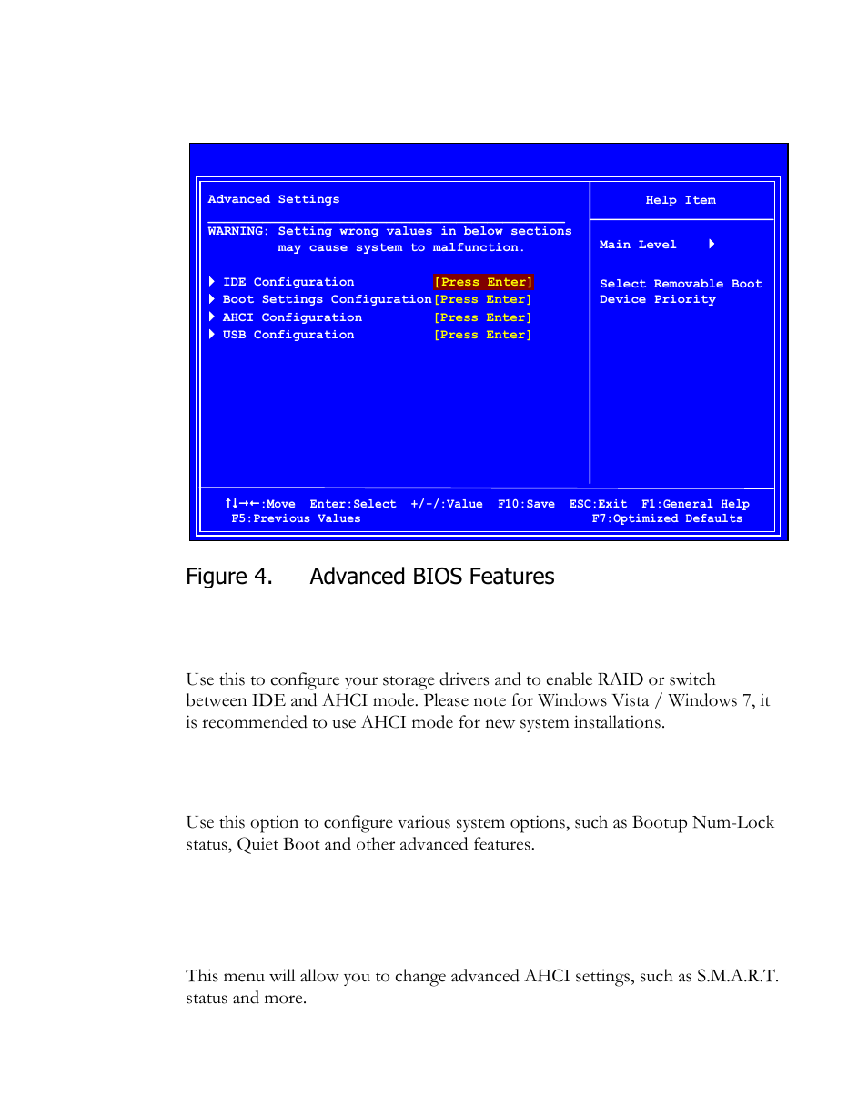 Ide configuration, Boot settings configuration, Ahci configuration | Figure 4, Advanced bios features, Figure 4. advanced bios features | EVGA P55 SLI User Manual | Page 30 / 46