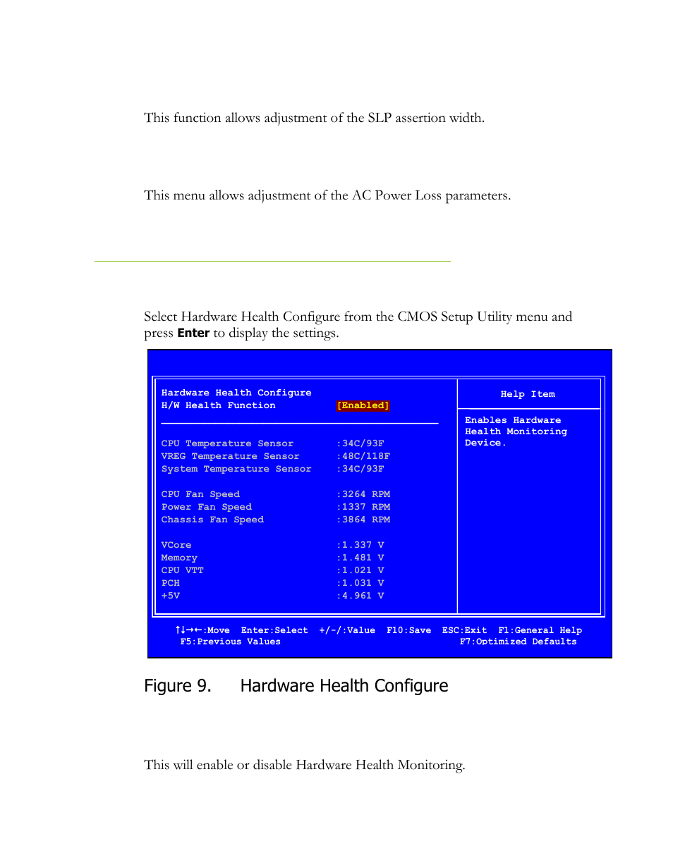 Slp_s4# min. assertion width, Restore on ac power loss, Hardware health configure | H/w health function, Figure 9, Figure 9. hardware health configure | EVGA P55 SLI User Manual | Page 38 / 46