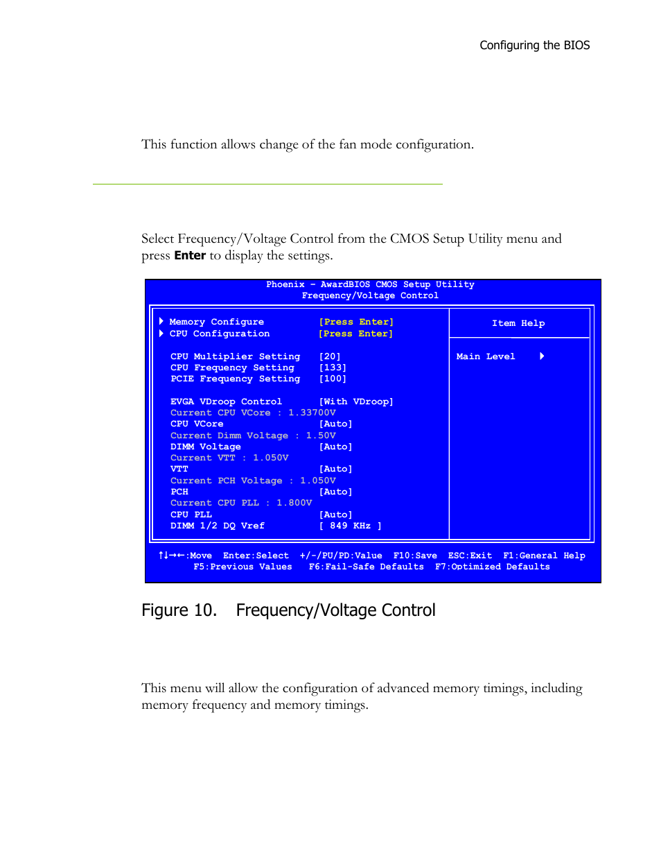 Cpu fan mode setting, Frequency/voltage control menu, Memory configure | Figure 10, Frequency/voltage control, Figure 10. frequency/voltage control | EVGA P55 SLI User Manual | Page 39 / 46