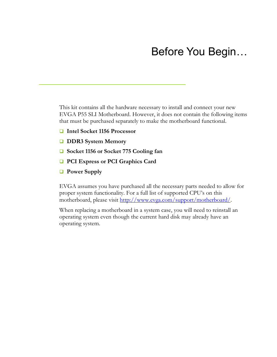 Before you begin, Parts not in the kit | EVGA P55 SLI User Manual | Page 7 / 46